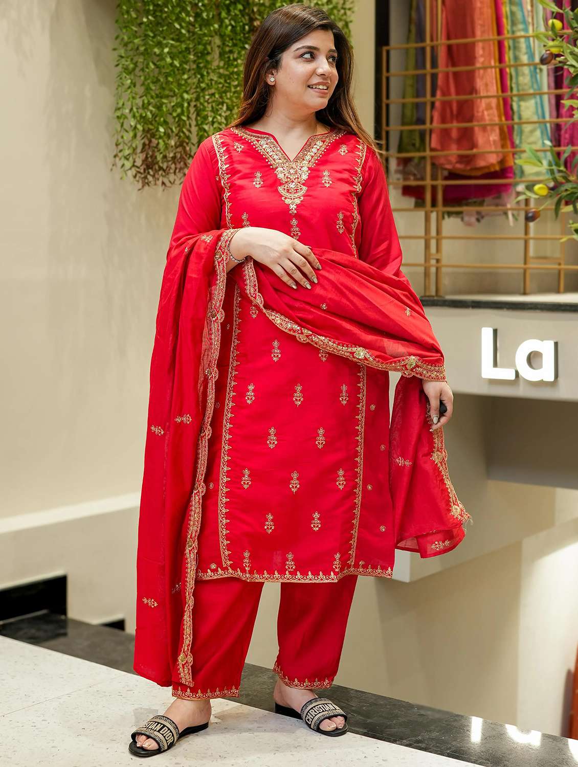 women embroidered three quarter sleeve kurta pant with dupatta set - 22084530 - Standard Image - 2
