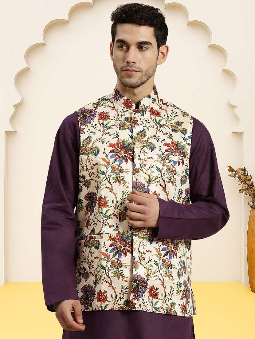 men floral printed sleeveless regular fit nehru jacket