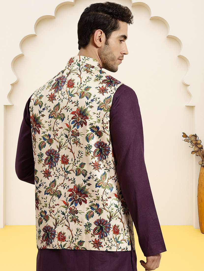 men floral printed sleeveless regular fit nehru jacket - 22084542 -  Standard Image - 2