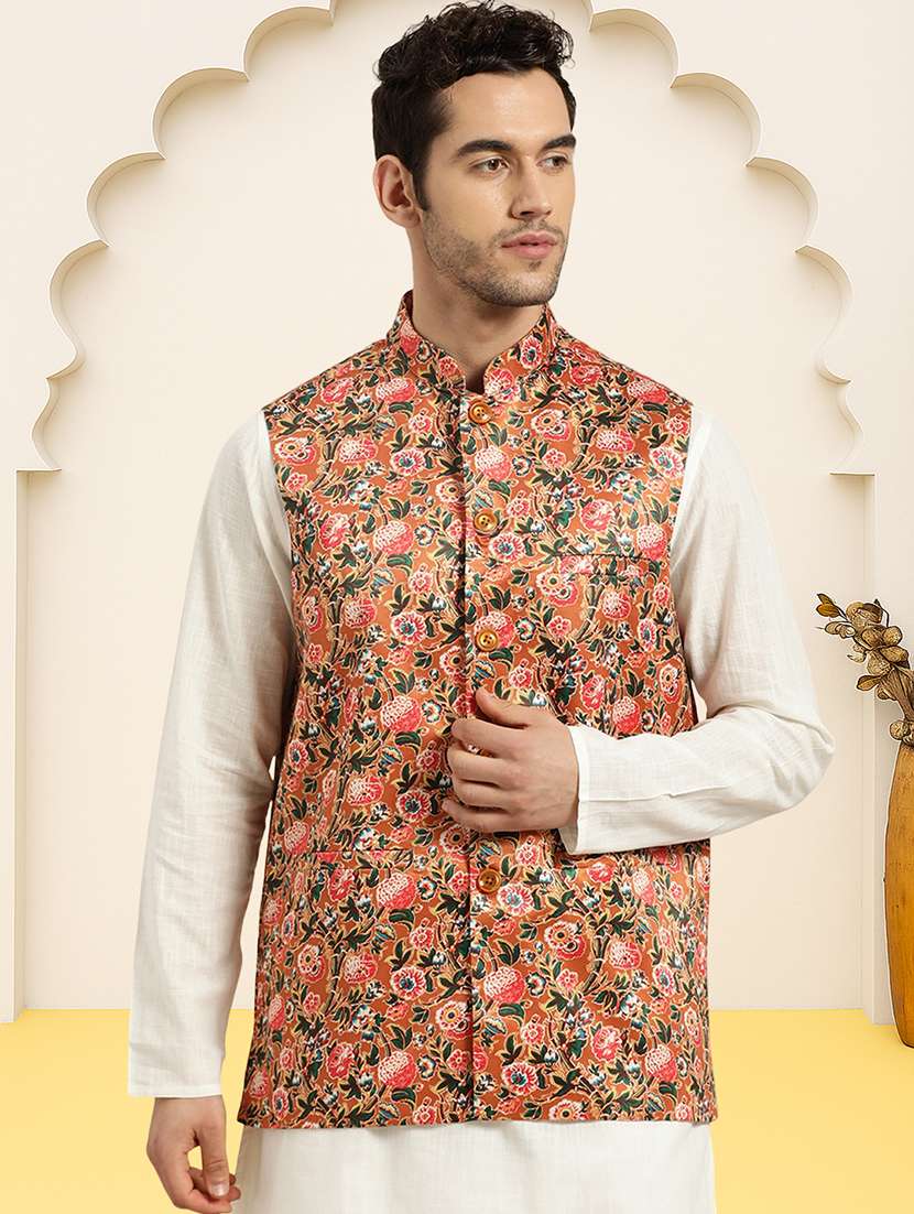 men floral printed sleeveless regular fit nehru jacket