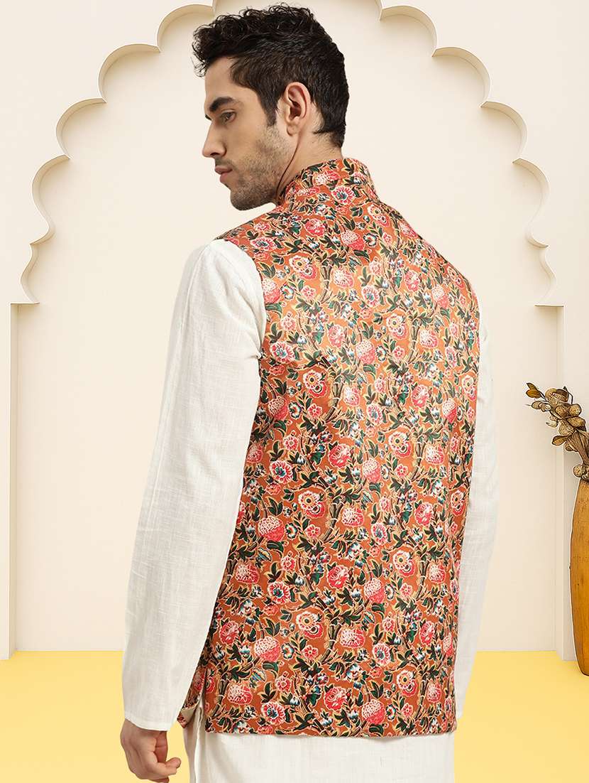 men floral printed sleeveless regular fit nehru jacket - 22084543 -  Standard Image - 2
