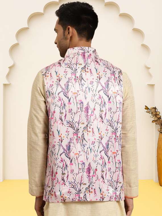 men floral printed sleeveless regular fit nehru jacket - 22084544 -  Standard Image - 2