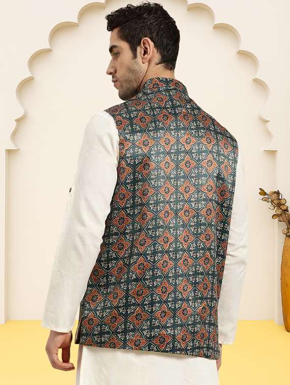 men printed sleeveless regular fit nehru jacket - 22084545 -  Standard Image - 2