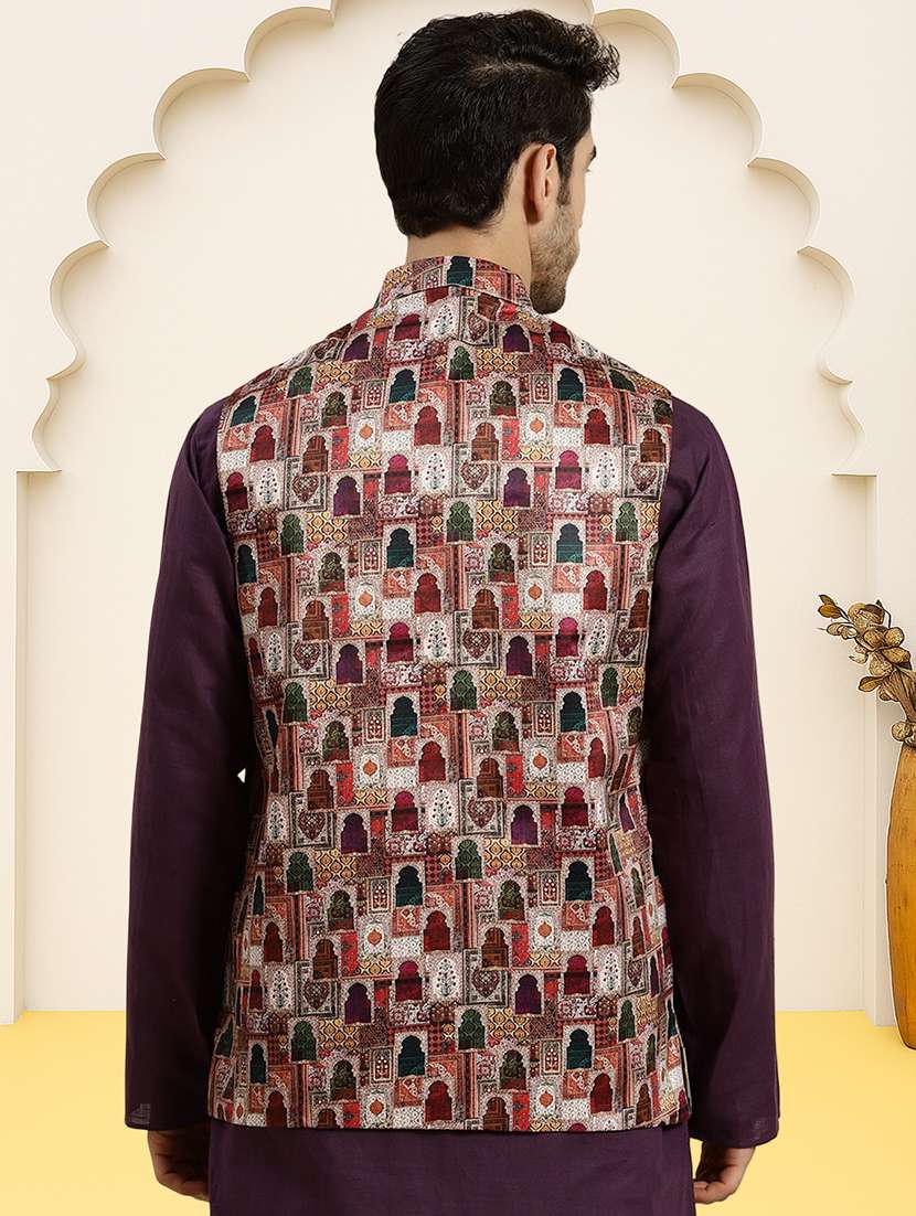 men printed sleeveless regular fit nehru jacket - 22084546 -  Standard Image - 2