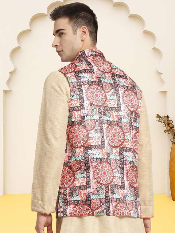 men printed sleeveless regular fit nehru jacket - 22084547 -  Standard Image - 2