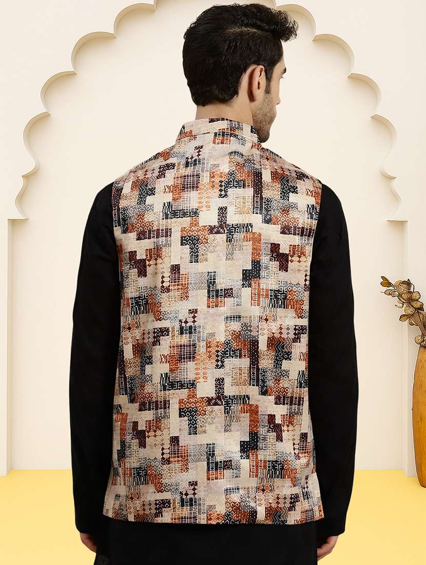 men geometric printed sleeveless regular fit nehru jacket - 22084548 -  Standard Image - 2