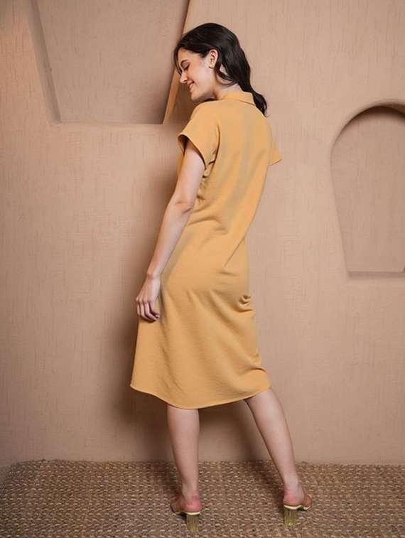 women solid short sleeve collared shirt dress - 22084579 - Standard Image - 2