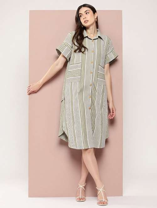 women striped short sleeve collared shirt dress - 22084584 - Standard Image - 0