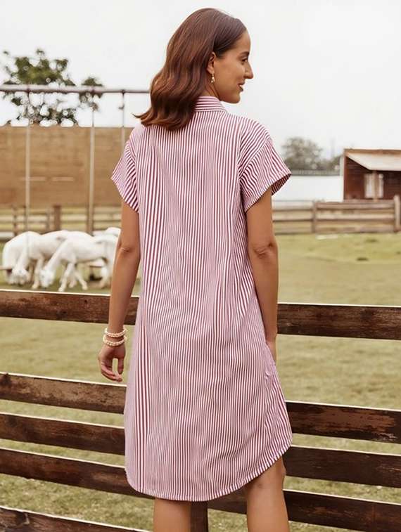 women striped short sleeve collared shirt dress - 22084589 - Standard Image - 2