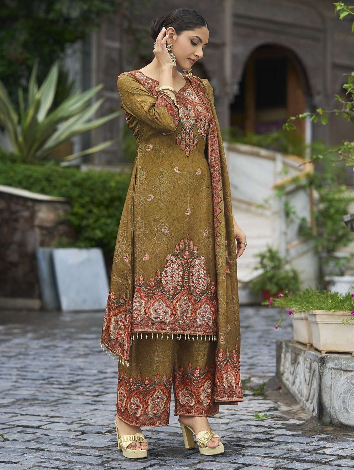 women printed long sleeve kurta palazzo with dupatta set - 22084657 -  Standard Image - 2