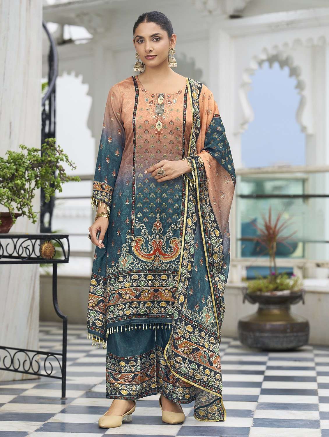 women printed long sleeve kurta palazzo with dupatta set
