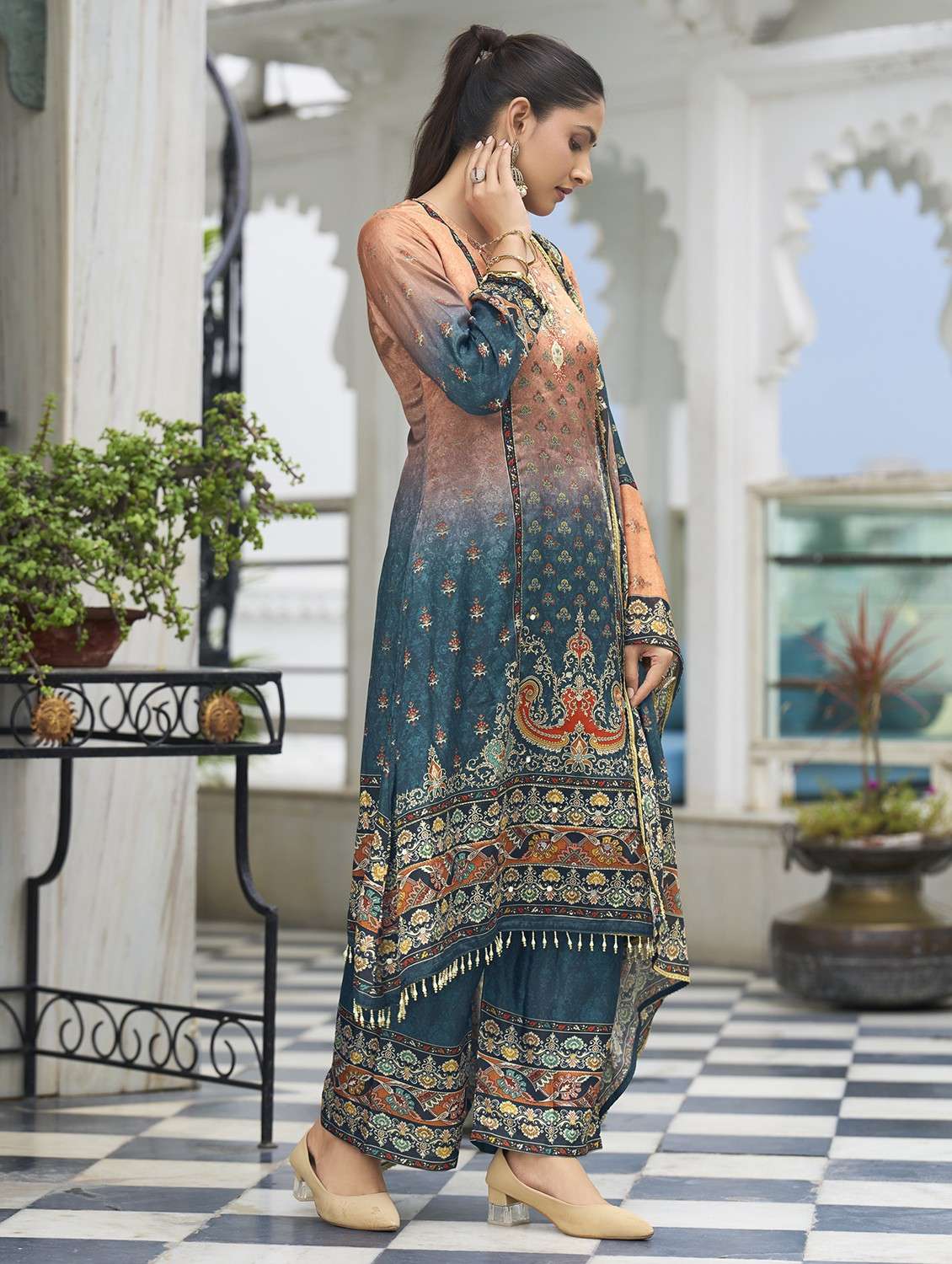 women printed long sleeve kurta palazzo with dupatta set - 22084658 -  Standard Image - 2