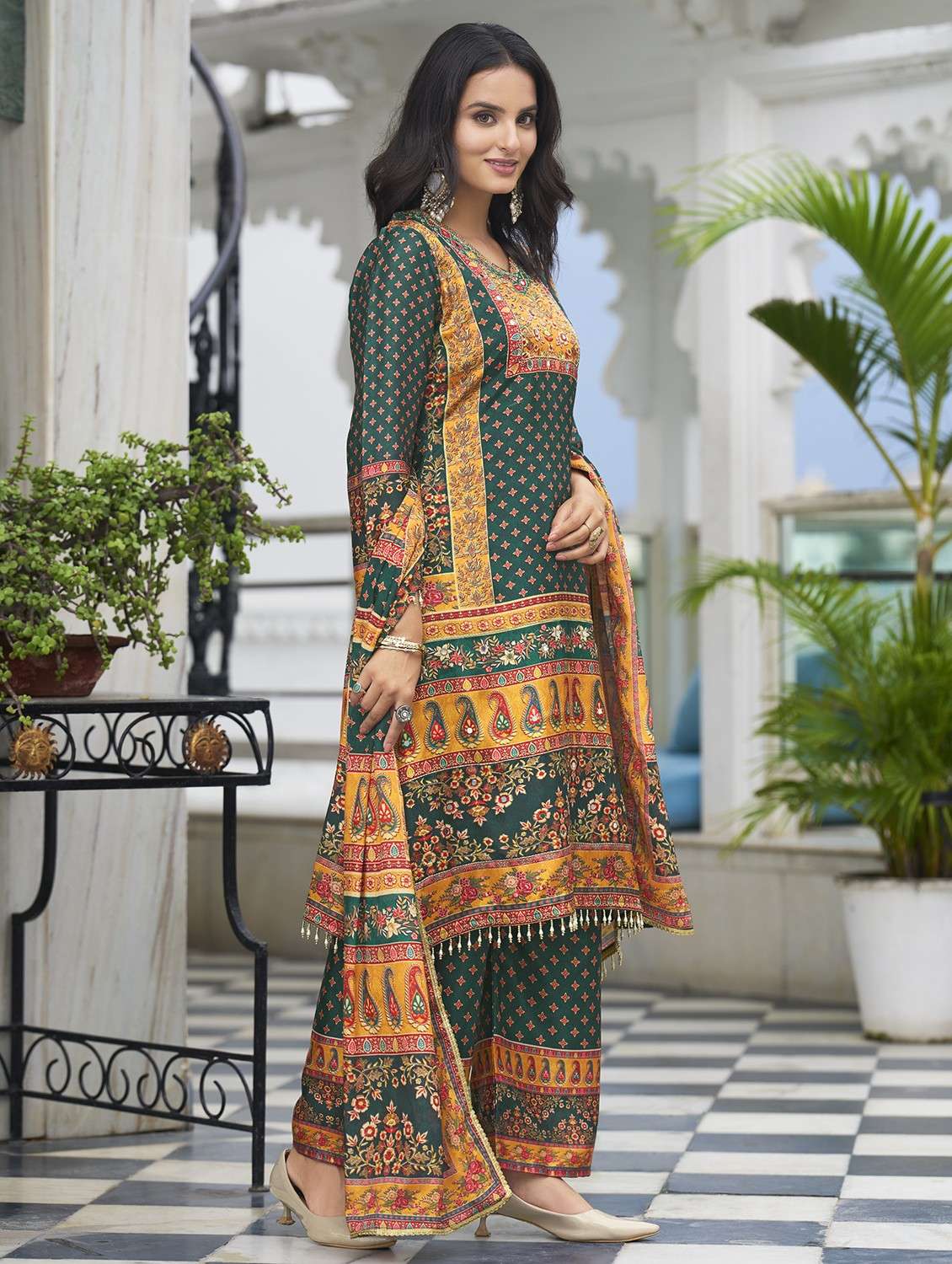 women printed long sleeve kurta palazzo with dupatta set - 22084659 - Standard Image - 2