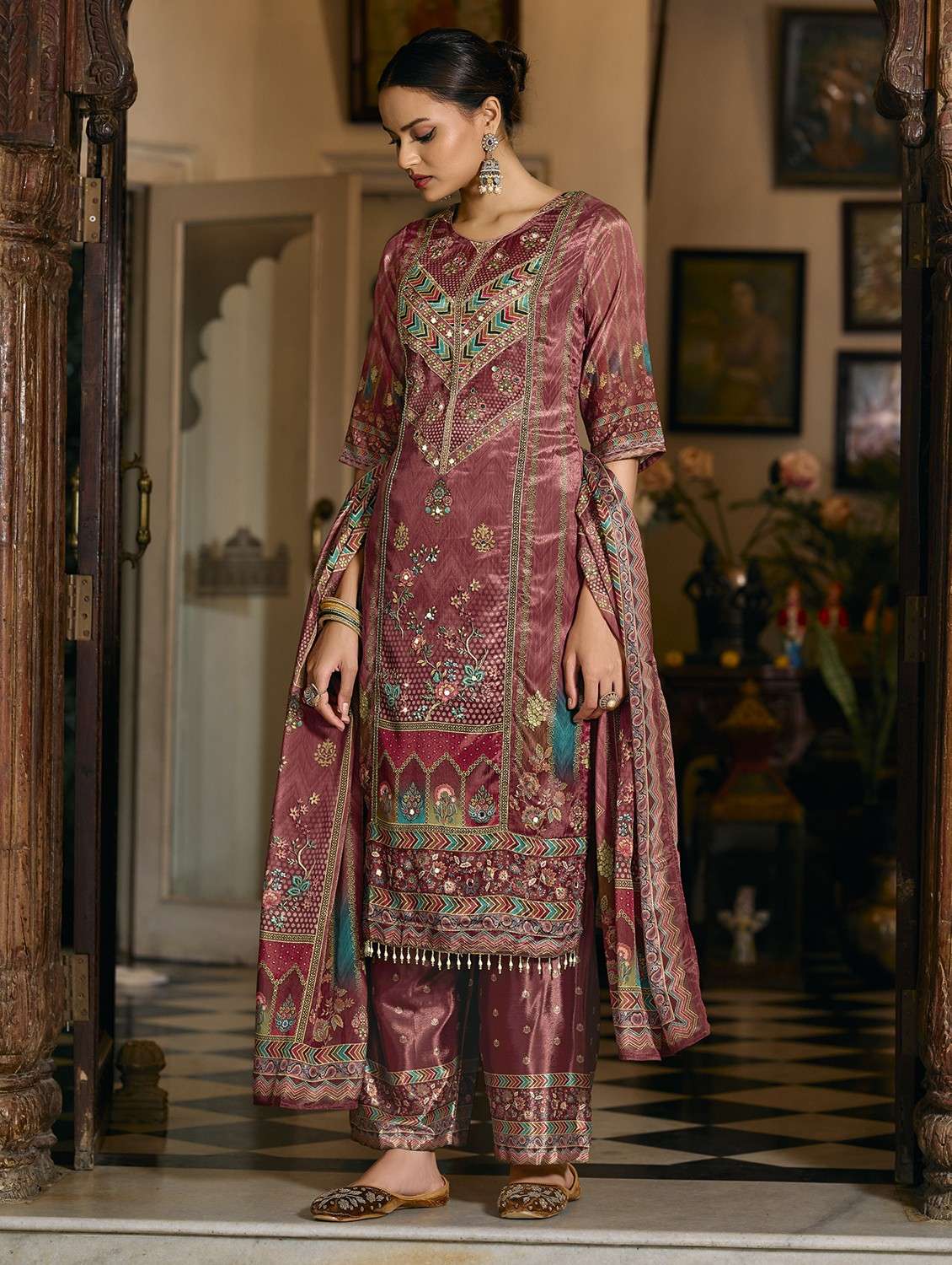 women printed three quarter sleeve kurta palazzo with dupatta set - 22084663 -  Standard Image - 2
