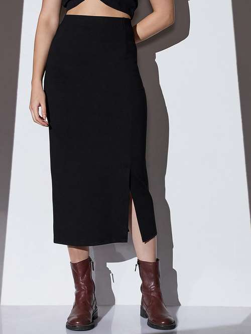 globus women black mid-rise solid stretchable front slit midi workwear pencil skirt - 22085172 -  Standard Image - 0