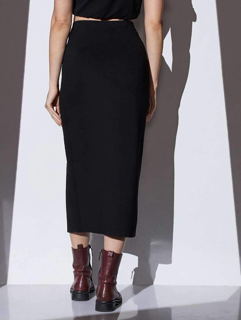 globus women black mid-rise solid stretchable front slit midi workwear pencil skirt - 22085172 -  Standard Image - 2