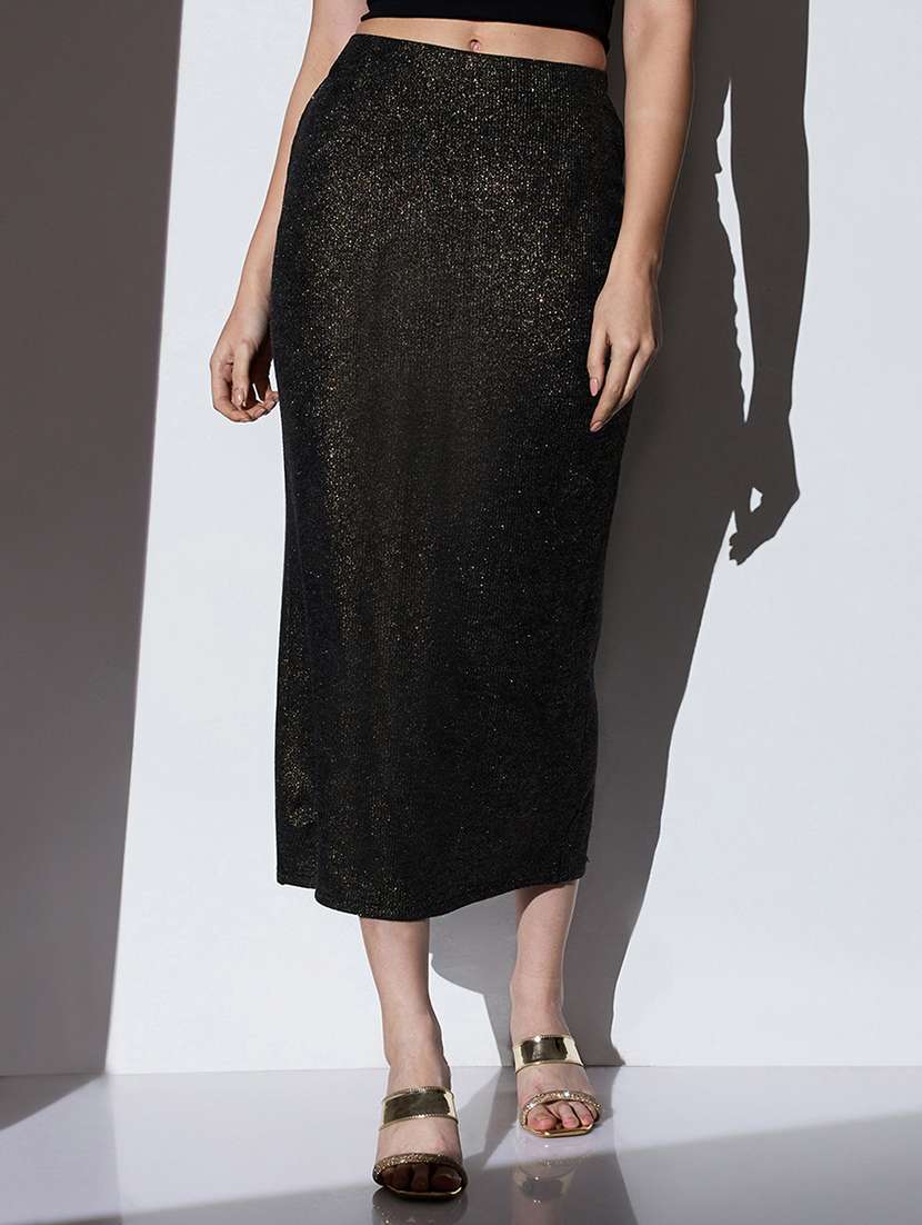 globus women gold mid-rise self design striped shimmer stretchable back slit midi party pencil skirt