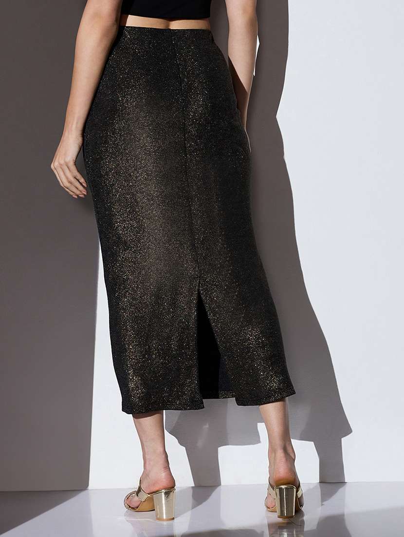 globus women gold mid-rise self design striped shimmer stretchable back slit midi party pencil skirt - 22085175 -  Standard Image - 2