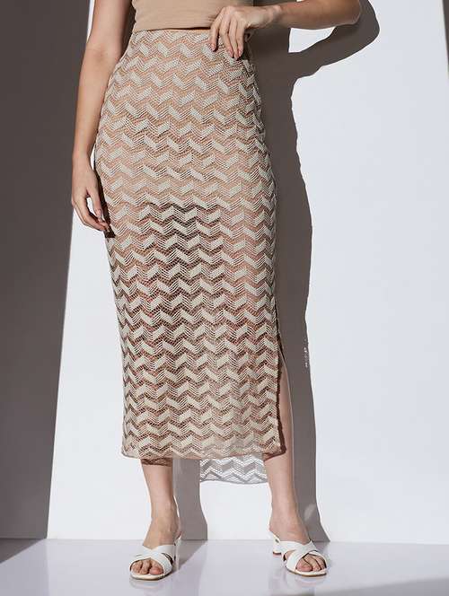 globus women beige chevron pattern crochet mid rise side slit beach pencil midi skirt - 22085178 -  Standard Image - 0