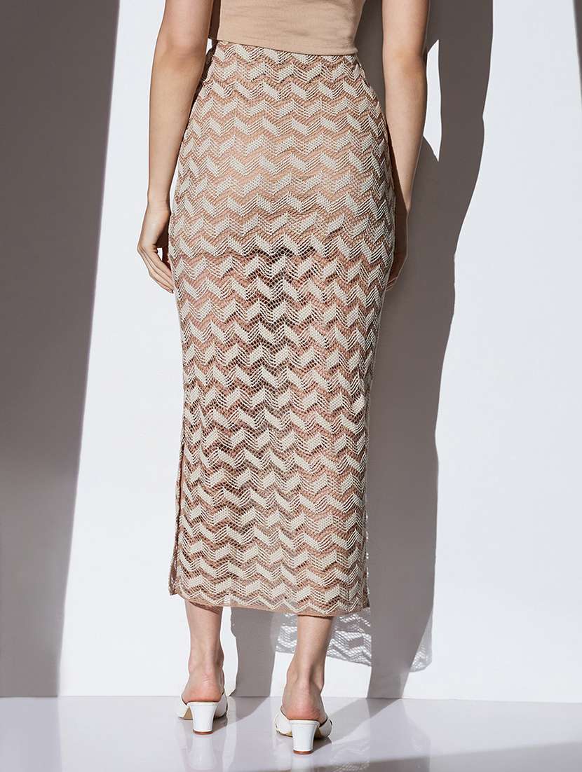 globus women beige chevron pattern crochet mid rise side slit beach pencil midi skirt - 22085178 -  Standard Image - 2