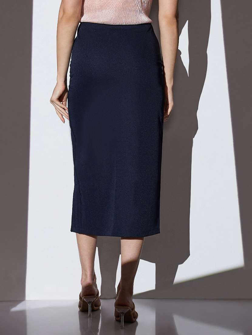 globus women navy mid-rise shimmer front slit midi party pencil skirt - 22085182 -  Standard Image - 2