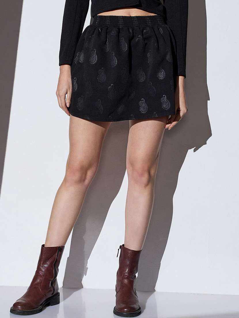 globus women black mid-rise self design paisley mini a-line party skirt