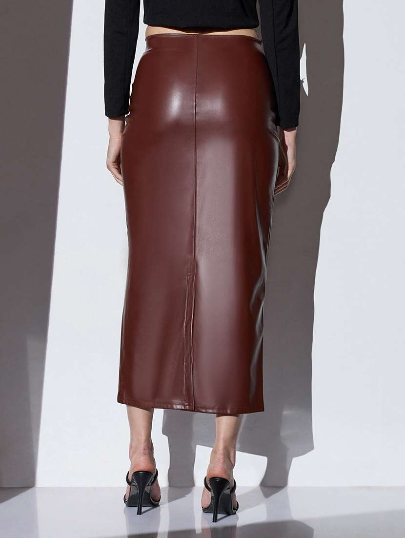 globus women chocolate brown mid-rise solid stretchable back slit midi party pencil skirt - 22085186 -  Standard Image - 2