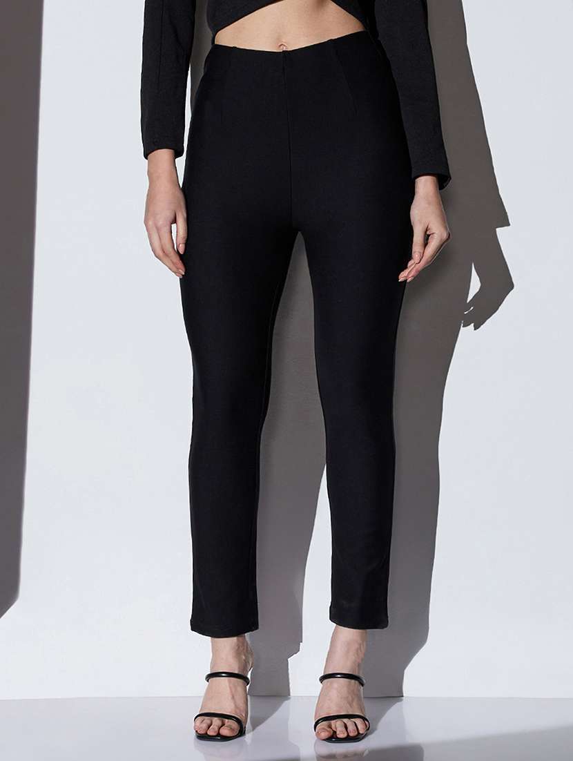 globus women black mid-rise solid stretchable skinny fit formal trousers