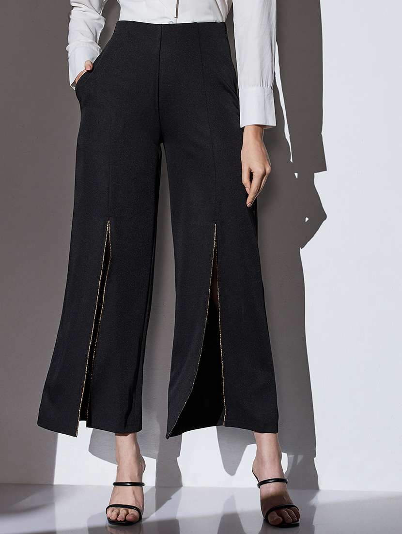 globus women black mid-rise shimmer front slit wide leg party trousers