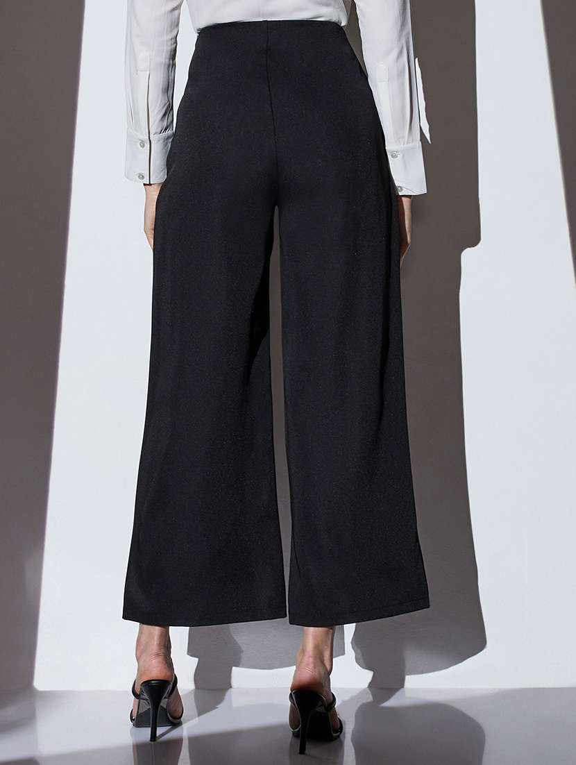 globus women black mid-rise shimmer front slit wide leg party trousers - 22085196 -  Standard Image - 2