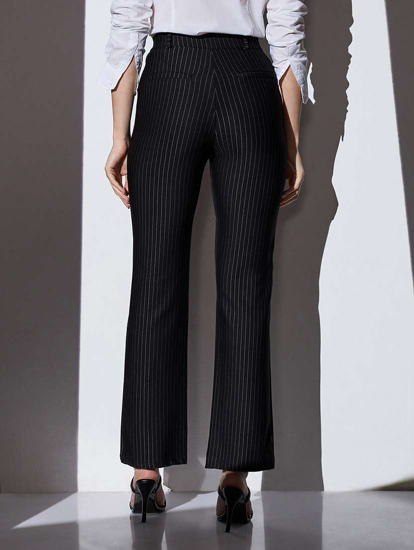globus women black mid-rise striped straight fit wide leg formal trousers - 22085197 -  Standard Image - 2