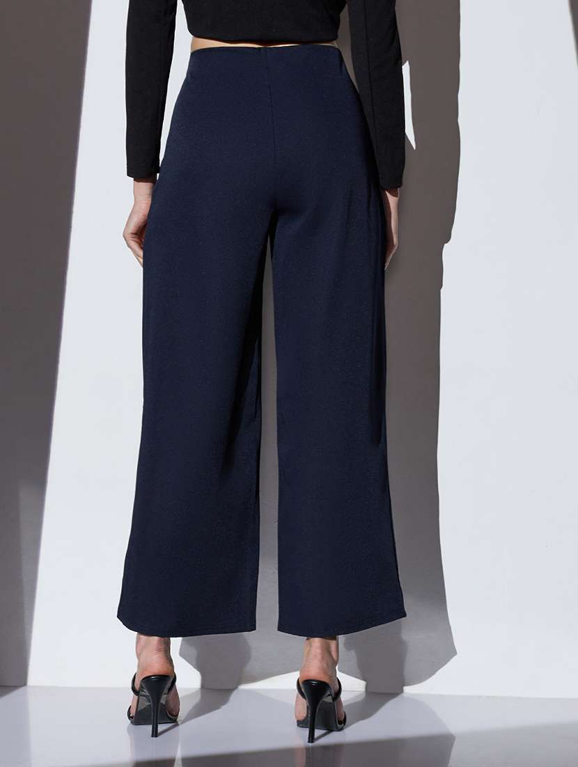globus women navy mid-rise solid button detail wide leg trousers - 22085199 -  Standard Image - 2