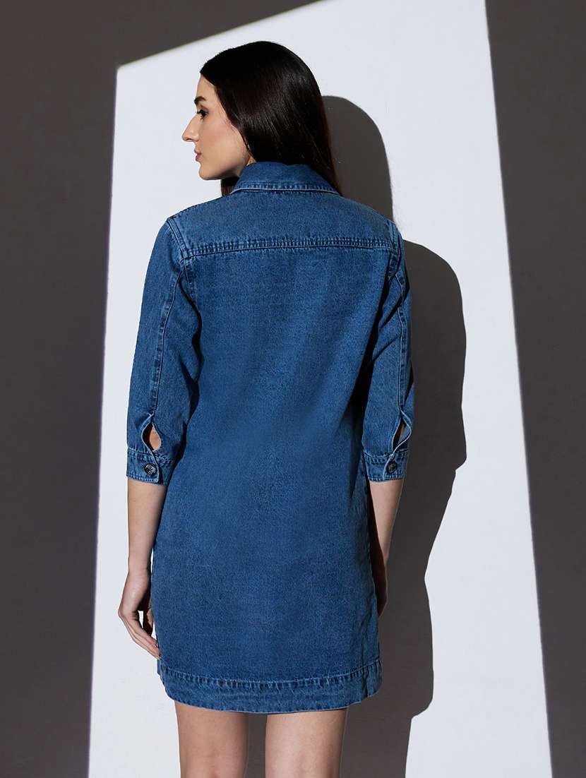 globus women med blue collared neck cuffed sleeves front utility pockets mini denim shirt dress - 22085203 -  Standard Image - 2