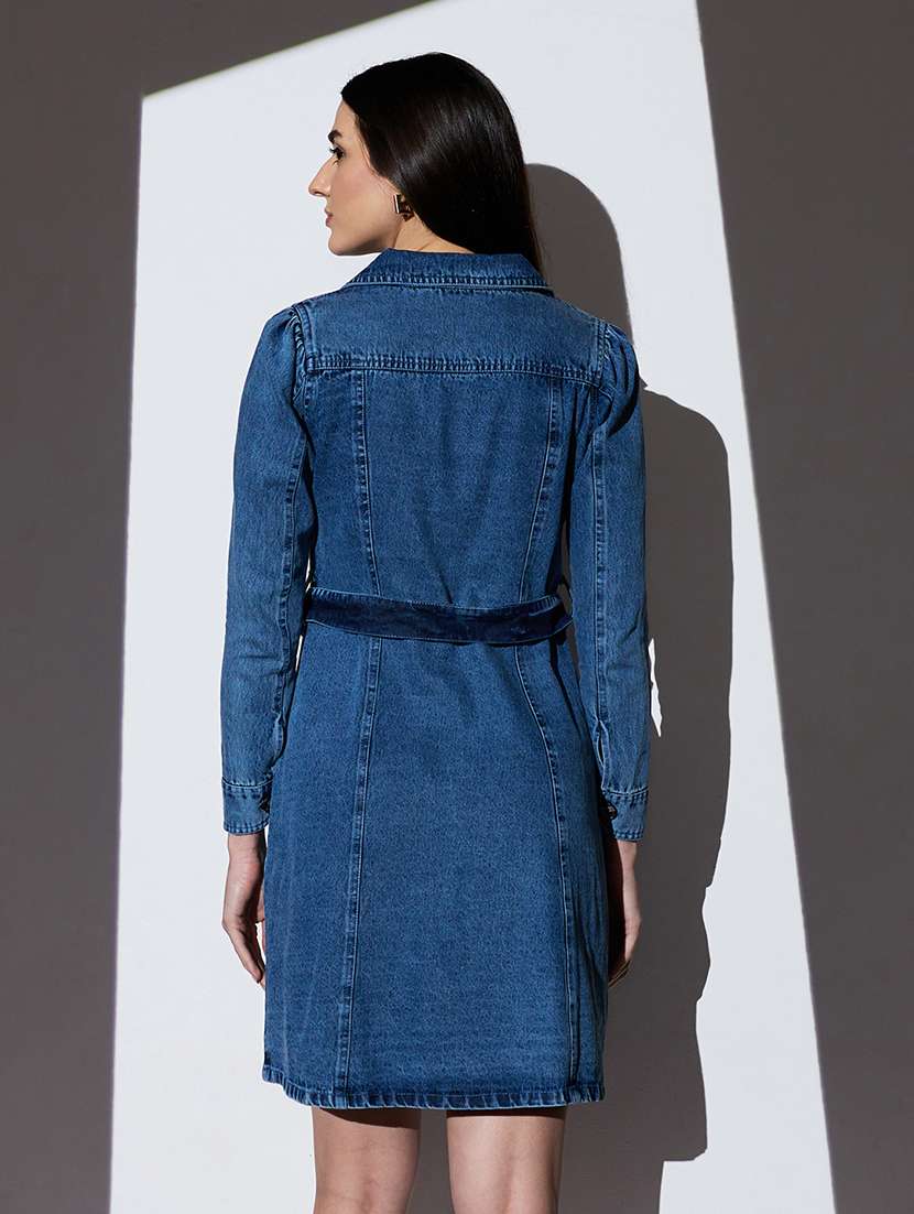 globus women med blue cuban collar cuffed sleeves pocket detail mini denim a-line shirt dress with belt - 22085204 -  Standard Image - 2