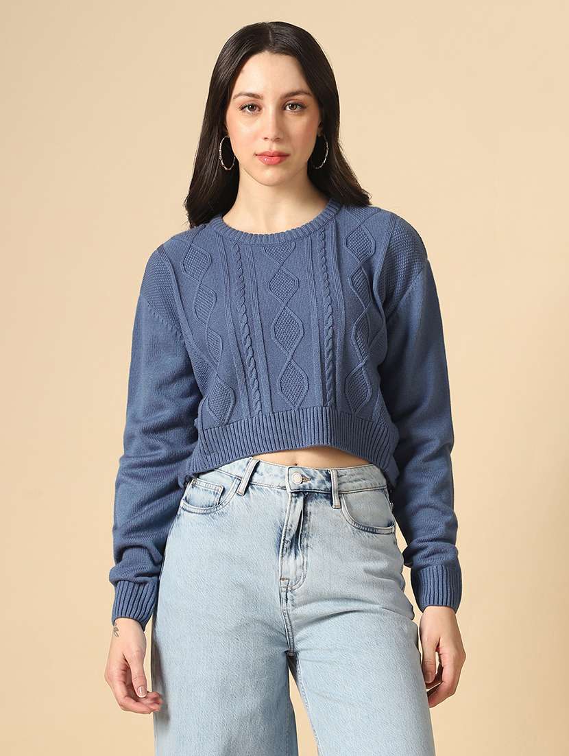 globus women blue round neck long sleeves cable knit tie-up detail curved hem acrylic crop pullover sweater