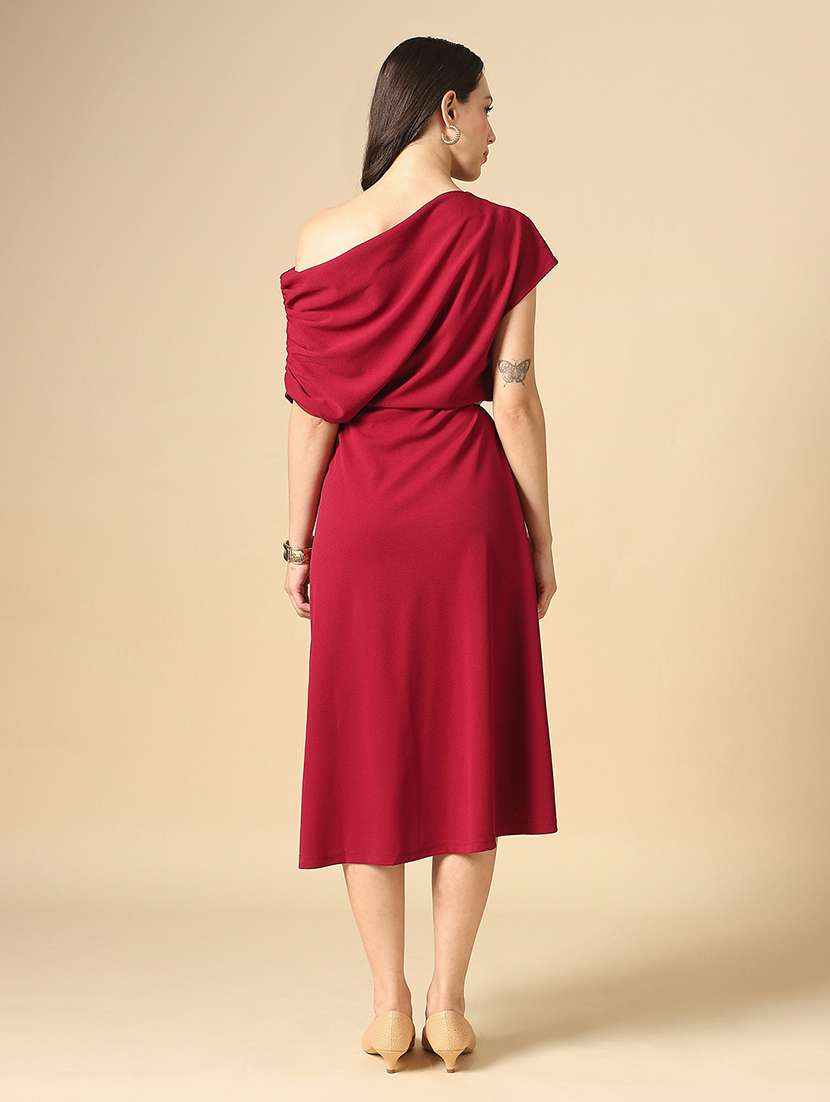 women solid single shoulder fit & flare dress - 22085209 - Standard Image - 2