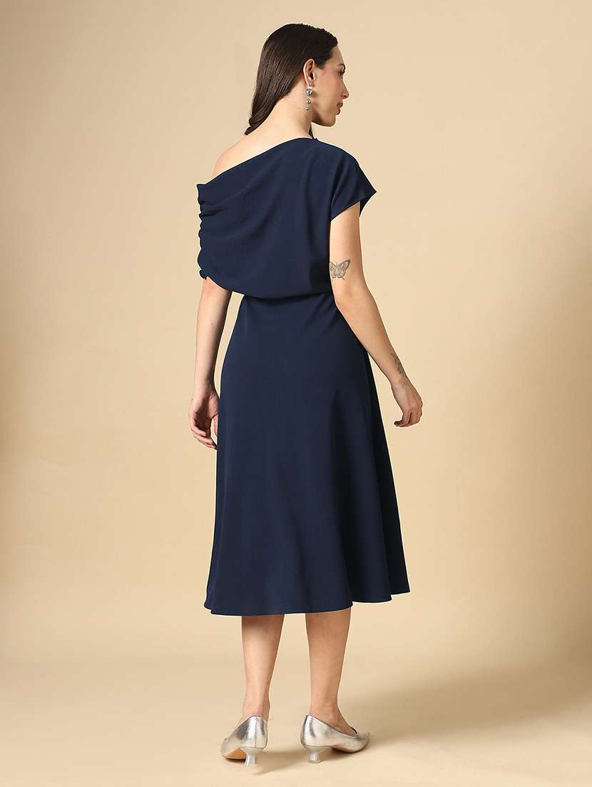 women solid single shoulder fit & flare dress - 22085210 - Standard Image - 2