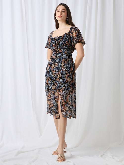 women printed puff sleeve a-line dress - 22085212 - Standard Image - 0