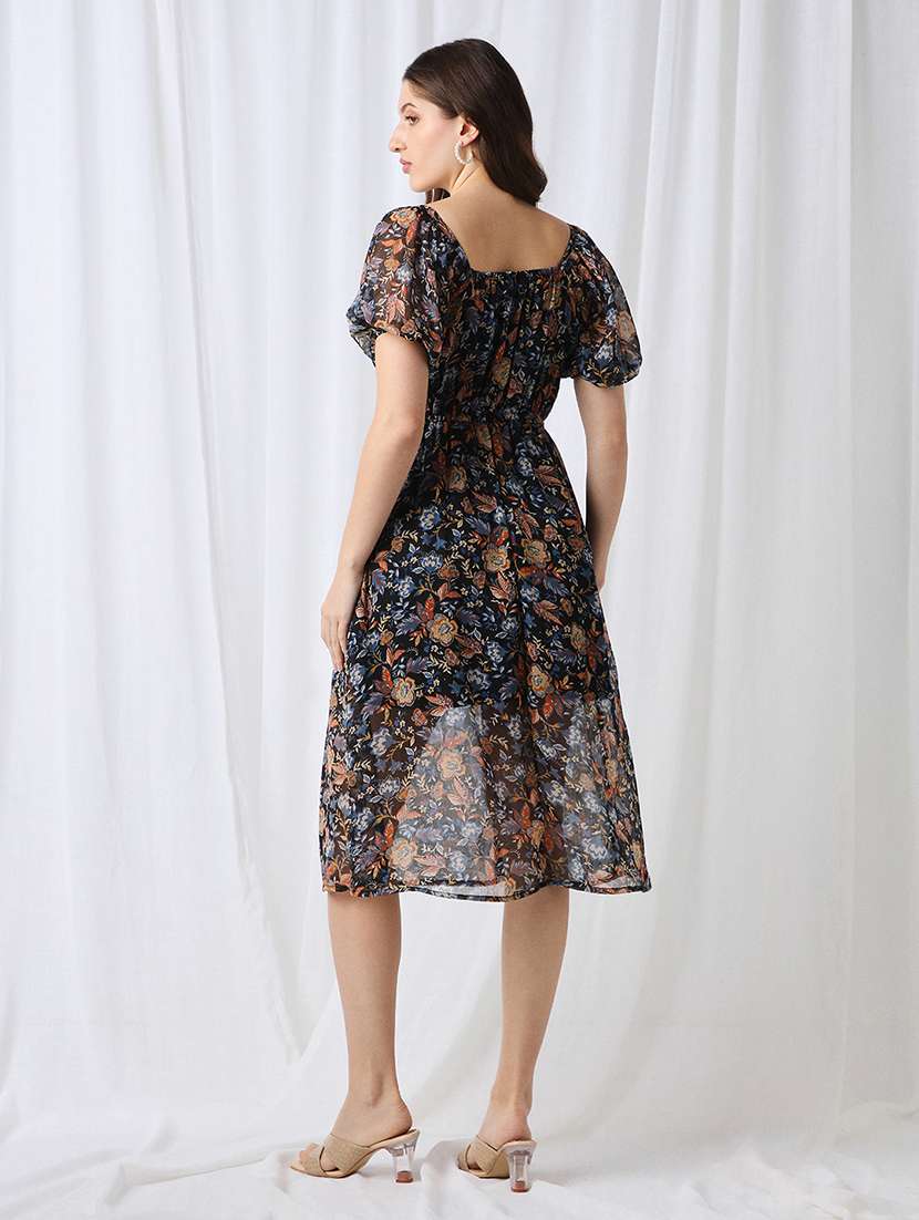 women printed puff sleeve a-line dress - 22085212 - Standard Image - 2