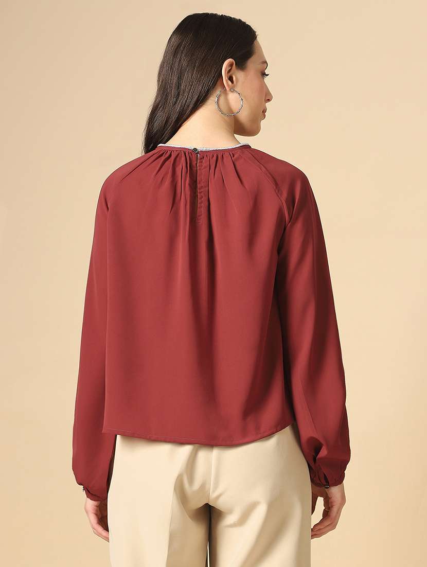 globus women maroon embellished jewel neck raglan sleeves pleated georgette party top - 22085214 -  Standard Image - 2