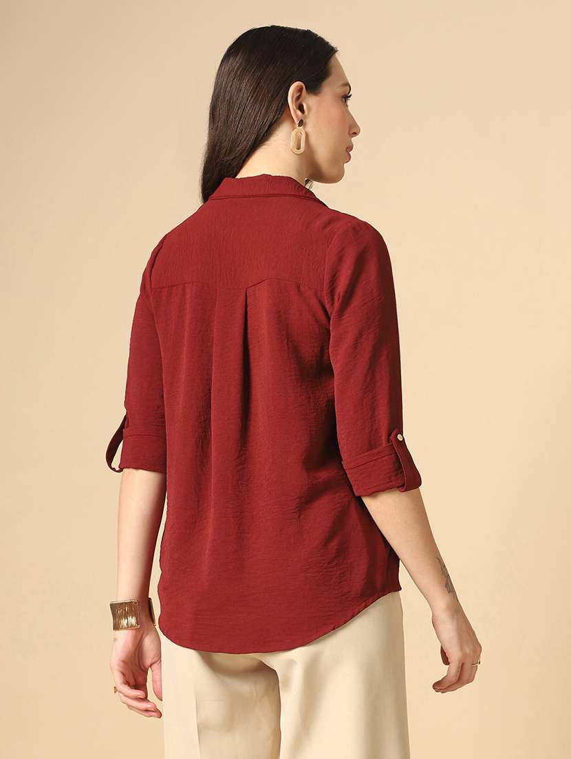 globus women maroon cuban collar roll up sleeves shirt style workwear shirt - 22085215 -  Standard Image - 2