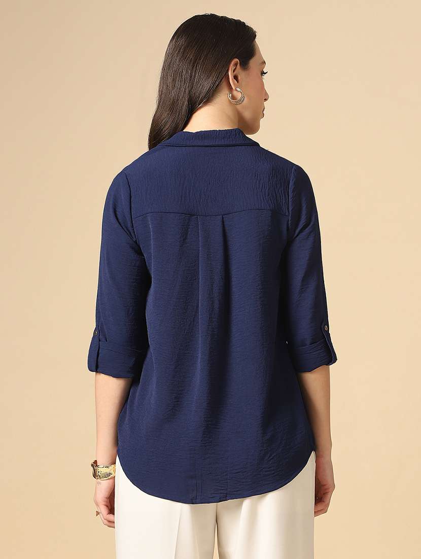 globus women navy blue cuban collar roll up sleeves shirt style workwear shirt - 22085216 -  Standard Image - 2