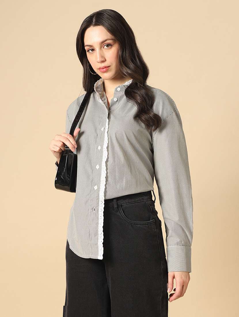 globus women black mandarin collar cuffed sleeves vertical stripes lace insert curved hem oversized workwear shirt