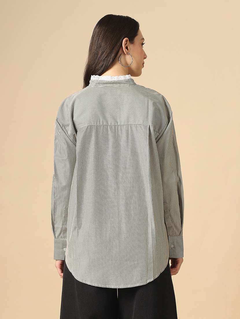 women striped mandarin collar long sleeve oversized shirt - 22085219 - Standard Image - 2