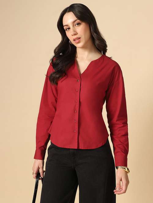 globus women maroon v-neck cuffed sleeves solid curved hem workwear shirt - 22085220 -  Standard Image - 0