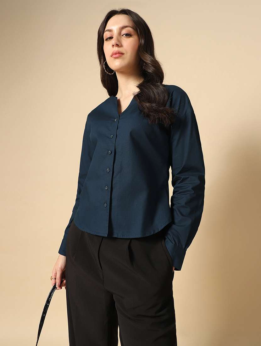 globus women navy blue v-neck cuffed sleeves solid curved hem workwear shirt