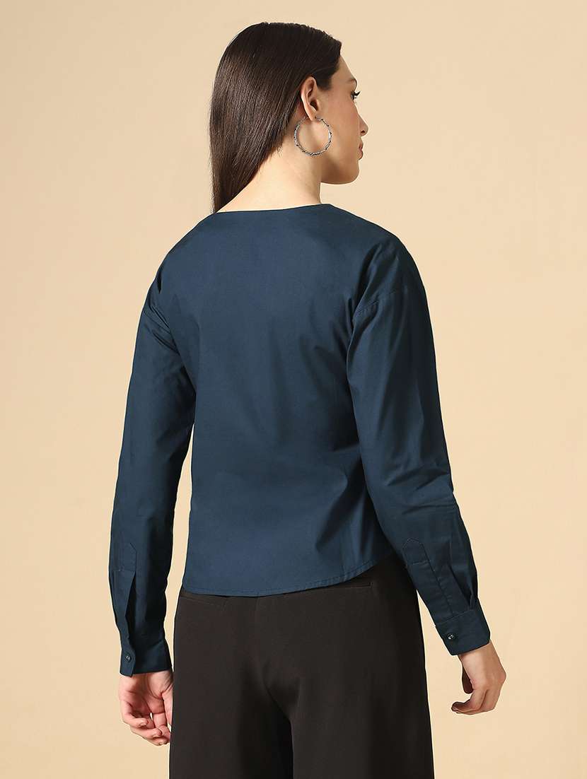 globus women navy blue v-neck cuffed sleeves solid curved hem workwear shirt - 22085221 -  Standard Image - 2