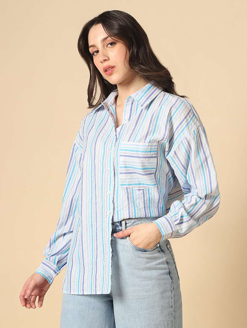globus women blue collared neck cuffed sleeves multi stripes patch pocket curved hem oversized shirt