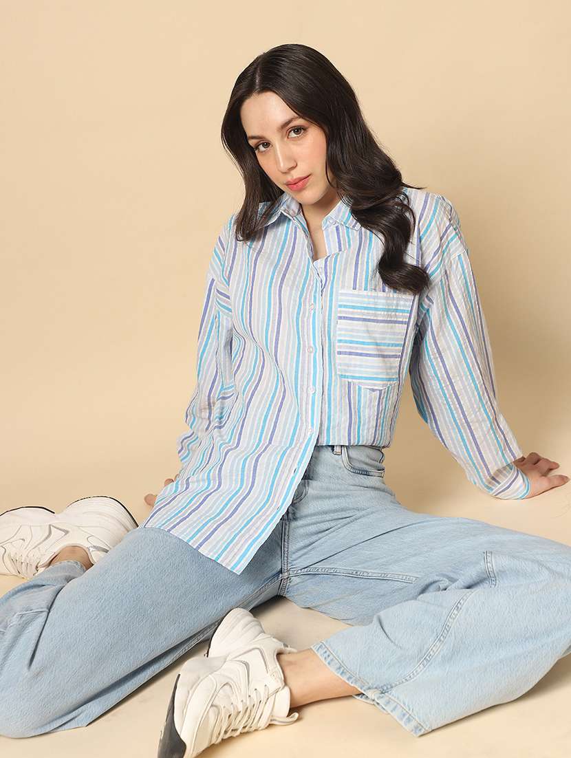 globus women blue collared neck cuffed sleeves multi stripes patch pocket curved hem oversized shirt - 22085223 -  Standard Image - 2