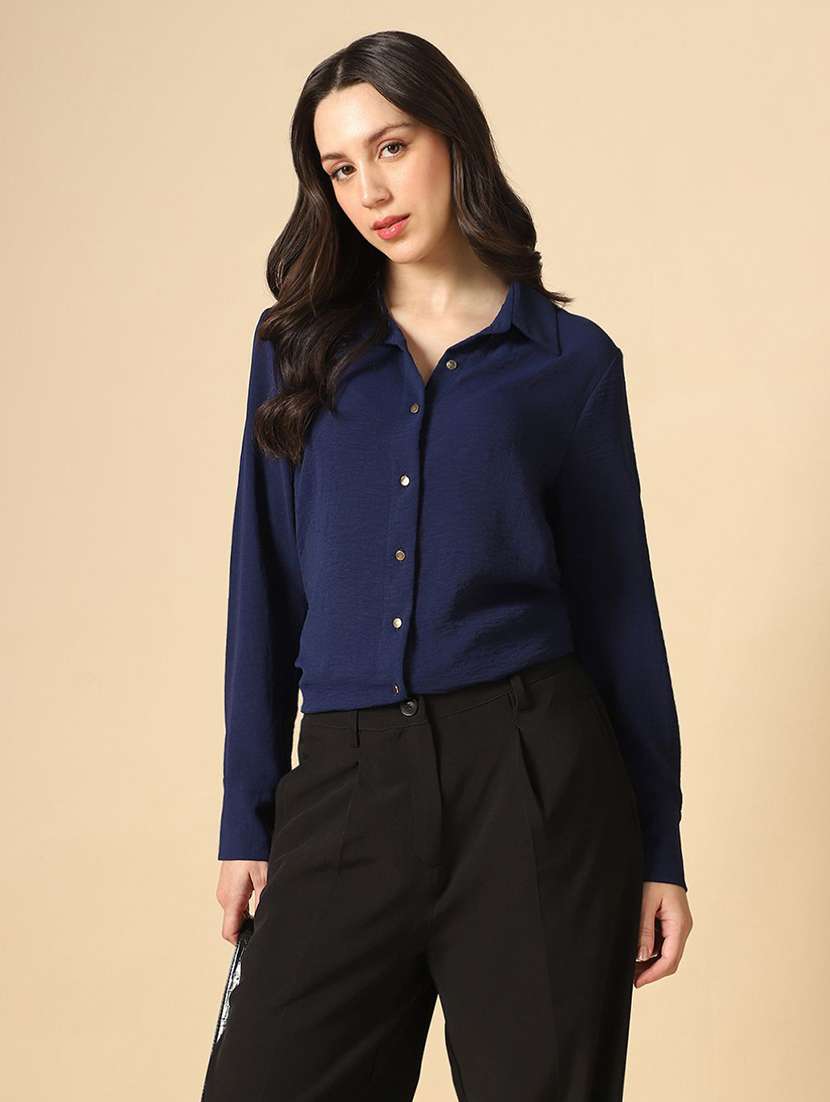 globus women blue collared neck cuffed sleeves self design curved hem workwear shirt